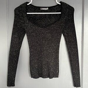 Anthropologie Black Gold Metallic Sweetheart Ribbed Sweater Top Lurex XS Sparkly